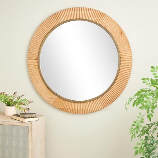 43" Brown Wood Fluted Room Wall Mirror with Scalloped Edge